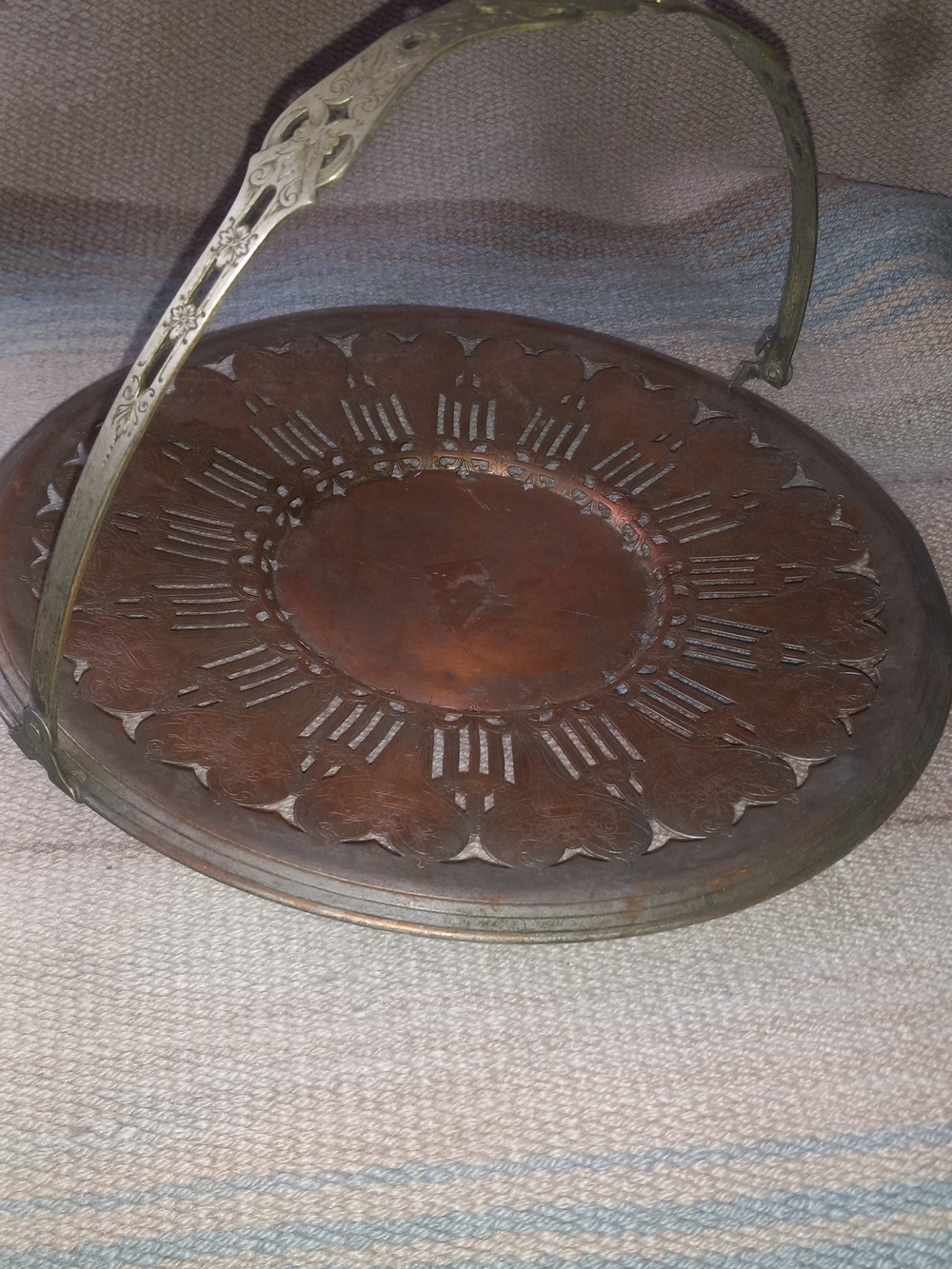Copper Brass Platter Vintage Metal Serving Tray with Folding Brass Handle